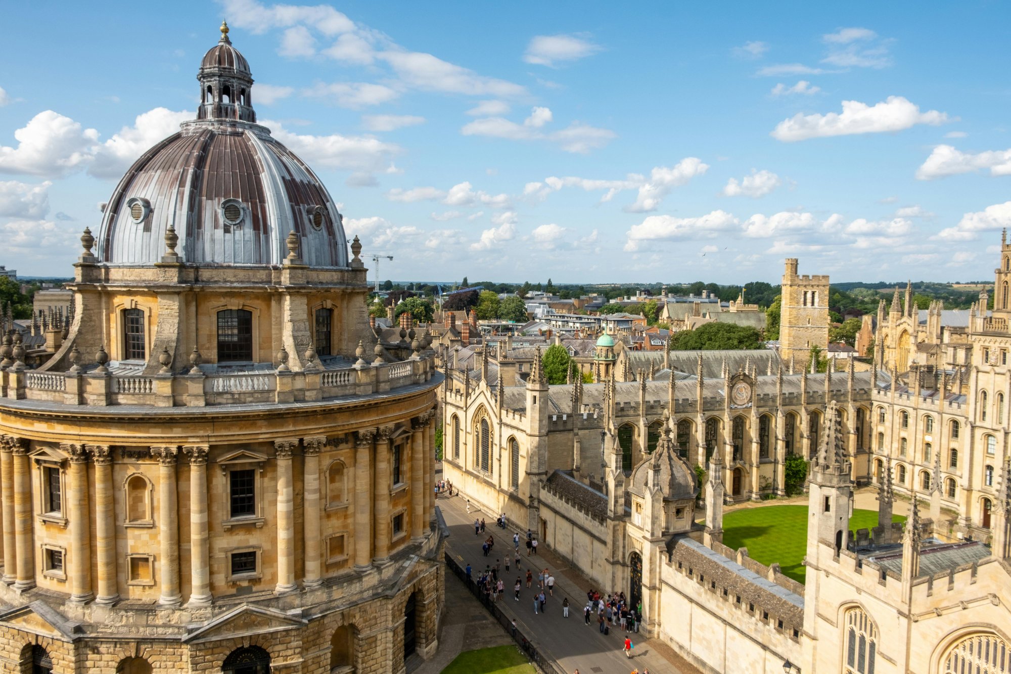 Oxford skyline showing the Radcliffe Camera and All Souls College on a sunny day